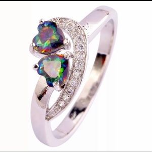 New S925 Sterling Silver Rainbow Topaz & White Topaz Two Hearts In Love Ring